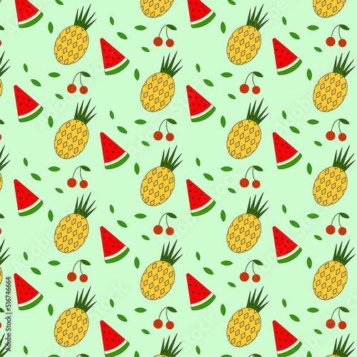 Summer pattern with watermelon, pineapple and cherry. Vector seamless fruit pattern.