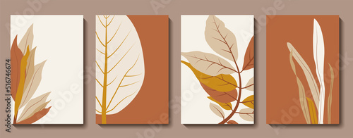 Abstract botanical wall art vector set. Boho leaf natural line art wallpaper. Tropical leaves and floral pattern minimal design for home wall art, social media post template. Vector illustration