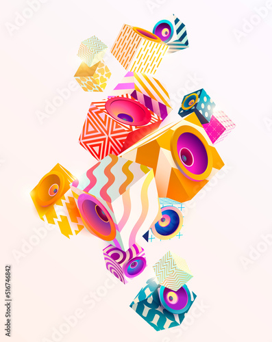 Music poster design with 3D colorful cubes and speaker. Musical vector illustration.