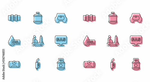 Set line Gas tank for vehicle, Gasoline pump nozzle, Metallic pipes and valve, Propane gas, Oil platform the sea, Location station, drop and icon. Vector