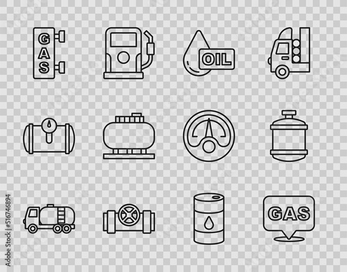 Set line Tanker truck, Location and gas station, Oil drop, Metallic pipes valve, Gas filling, tank storage, Barrel oil and Propane icon. Vector