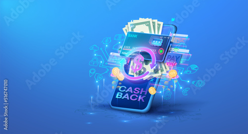 Money transfer via mobile banking on app phone. Wallet, dollar bill and coin, online payment. Exchange of funds by bank cards. Cash back concept with money and arrows. Illustration cash back service.