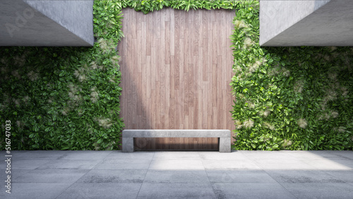 Concrete architecture, vertical garden wall and bench