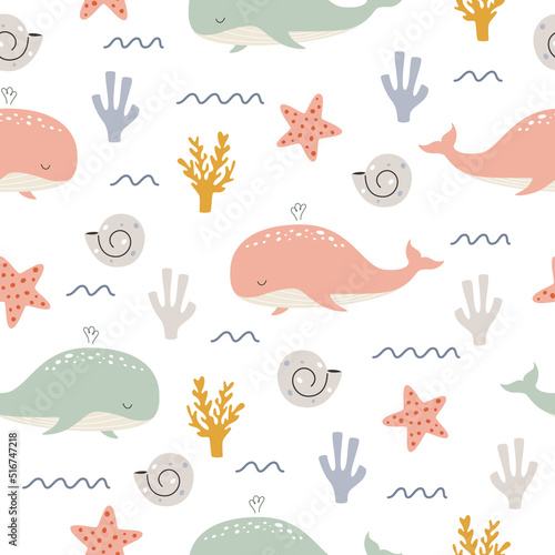 Pink and mint whales on a white background with corals and seashells. Vector seamless pattern with underwater ocean life.