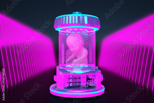 Canvastavla futuristic flask with embryo in neon lighting
