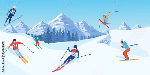 Winter sport activities concept. Happy men and women skiing or snowboarding in snowy Alps or mountains. Landscape with high cliffs, snow drifts and characters. Cartoon flat vector illustration