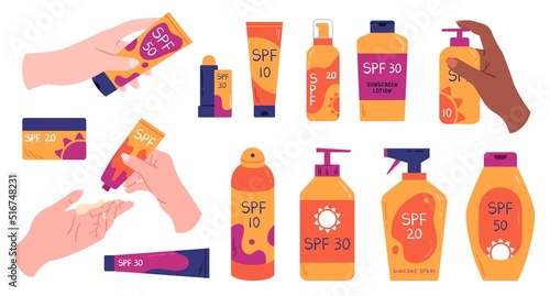 Sun safety collection. Hands with bottles and tubes with sunscreen cosmetic products. Lipstick, lotion, cream and spray with SPF. Skin protection. Cartoon flat vector set isolated on white background
