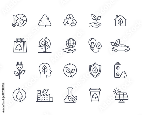 Ecology Simple Line Icons set. Alternative energy sources, solar panels, organic electricity. Design elements for applications and websites. Cartoon flat vector collection isolated on white background