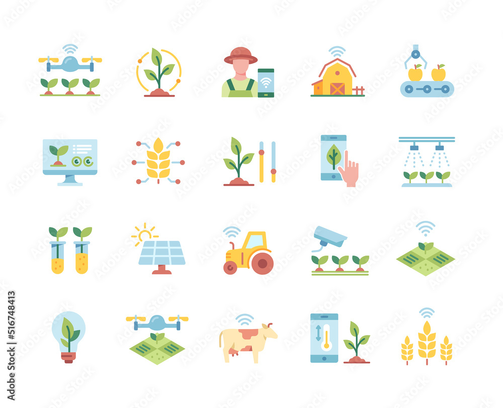 Smart farm colorful icon set. Irrigation devices, solar panels and cameras for monitoring of farm. Innovative technologies for agriculture. Cartoon flat vector collection isolated on white background