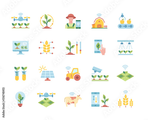 Smart farm colorful icon set. Irrigation devices, solar panels and cameras for monitoring of farm. Innovative technologies for agriculture. Cartoon flat vector collection isolated on white background