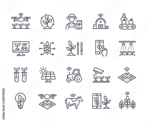 Smart farm simple line icon set. Innovative technologies for managing farm or agriculture. Automatic watering of plants and harvesting. Cartoon flat vector collection isolated on white background