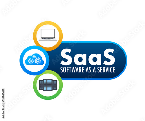 SaaS - Software as a service. Cloud sevice, synchronize. Vector illustration.