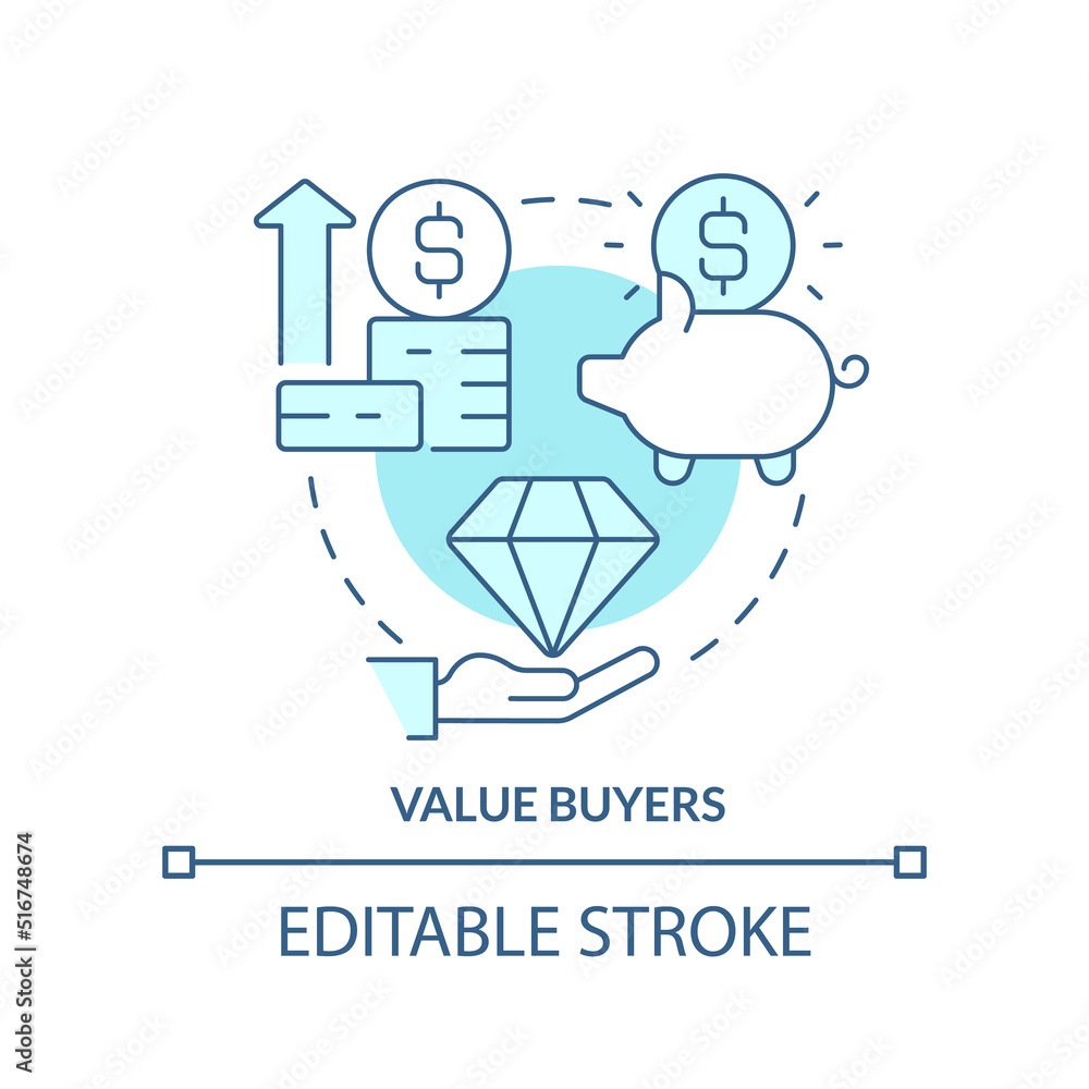 Value buyers turquoise concept icon. Product quality priority. Dealing with customers abstract idea thin line illustration. Isolated outline drawing. Editable stroke. Arial, Myriad Pro-Bold fonts used Value buyers turquoise concept icon. Product quality priority. Dealing with customers abstract idea thin line illustration. Isolated outline drawing. Editable stroke. Arial, Myriad Pro-Bold fonts used