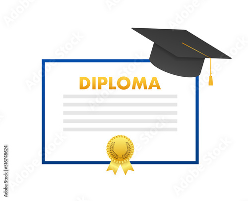 Graduation cap and diploma. Graduational day celebration element. Vector stock illustration.