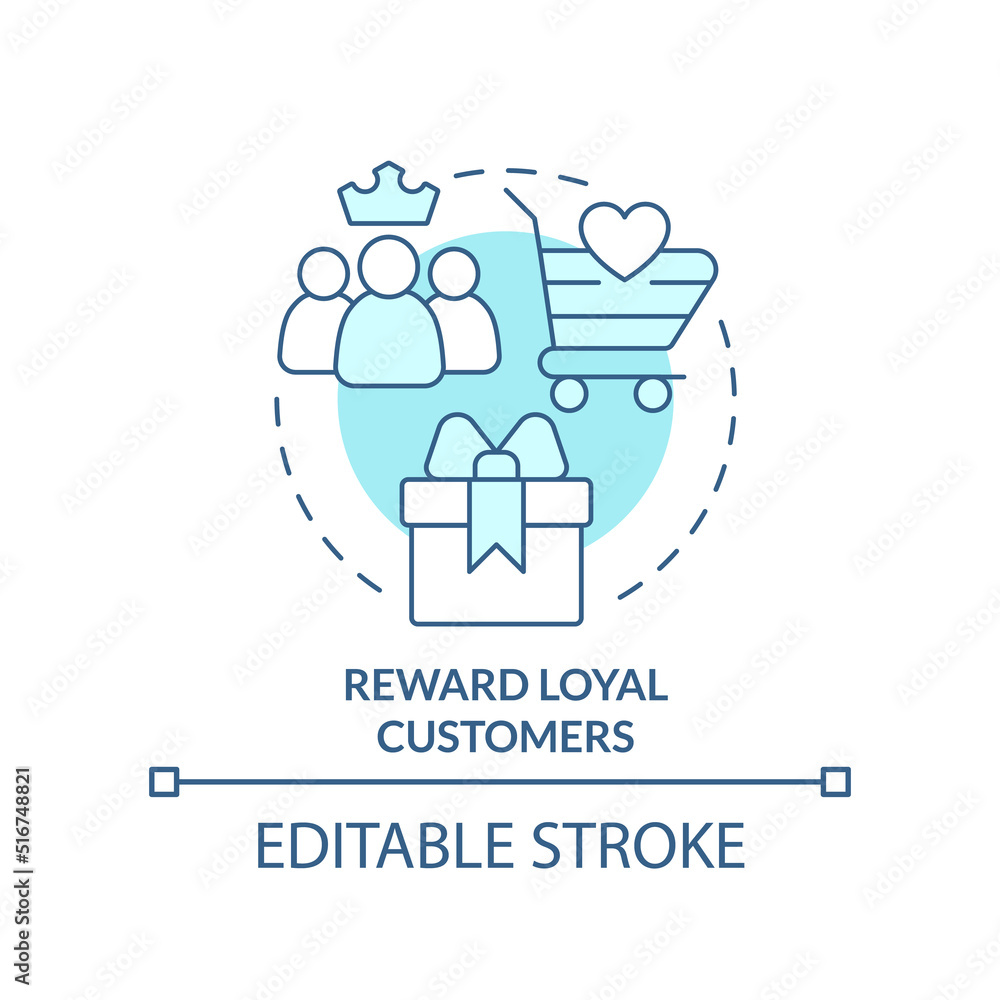 Reward loyal customers turquoise concept icon. Bonus program. Discount strategy abstract idea thin line illustration. Isolated outline drawing. Editable stroke. Arial, Myriad Pro-Bold fonts used