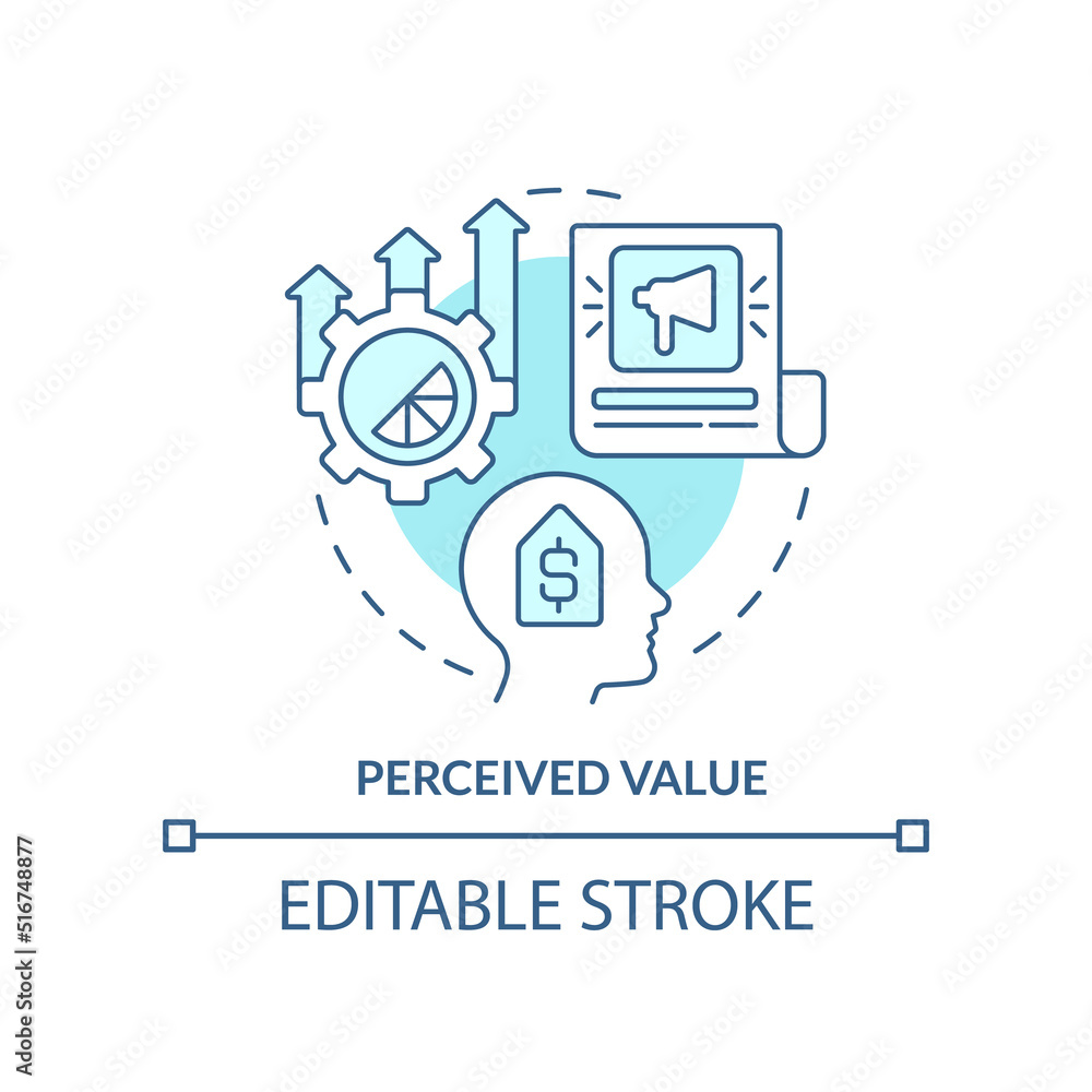 Perceived value turquoise concept icon. Professional marketing. Product advantage abstract idea thin line illustration. Isolated outline drawing. Editable stroke. Arial, Myriad Pro-Bold fonts used