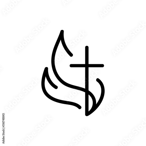 Vector Christian logo monoline Heart with Cross and fire on a White Background. Hand Drawn Calligraphic symbol. Minimalistic religion icon