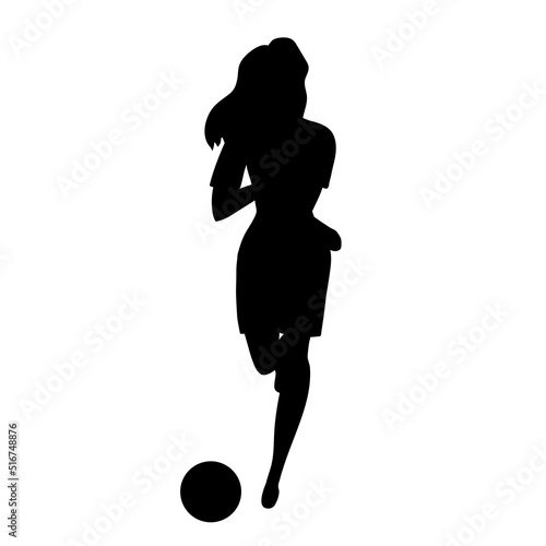 Silhouette of a sporty beautiful woman playing soccer. Side to front. Girl running for the kicking ball. Black color art silhouette contour isolated on white background. Vector illustration.
