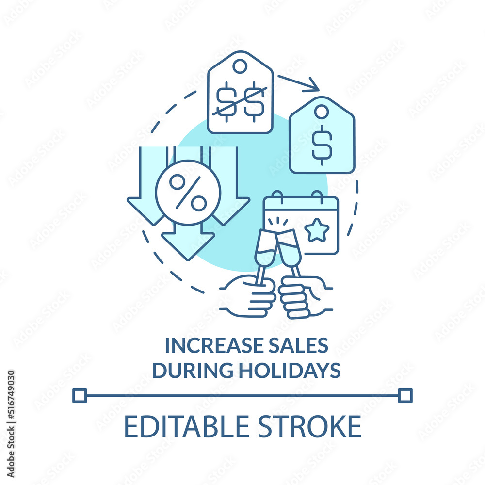 Increase sales during holidays turquoise concept icon. Festive offers. Discount abstract idea thin line illustration. Isolated outline drawing. Editable stroke. Arial, Myriad Pro-Bold fonts used