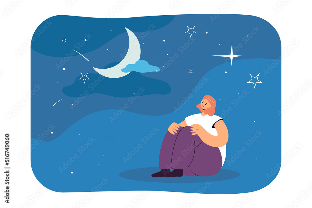 Girl sitting and looking at crescent flat vector illustration. Woman looking at starring sky, thinking and dreaming. Contemplation, loneliness concept for banner, website design or landing web page Girl sitting and looking at crescent flat vector illustration. Woman looking at starring sky, thinking and dreaming. Contemplation, loneliness concept for banner, website design or landing web page