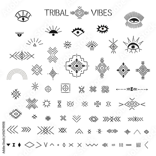 Tribal Boho Ethnic decorative design vector elements set isolated on white background. African Mud Cloth motif geometric ornament clip art collection.