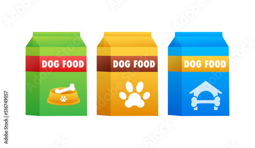 Dog dry food bowl. Bag package, Advertising. Vector illustration.