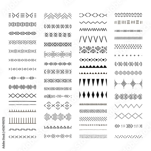 Ethnic Tribal Boho hand drawn vector seamless line border set. Aztec Native geometric monochrome pattern brushes for African Mud Cloth inspired ornament, frames, borders, mandala creation.