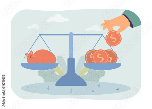 Cat and dollar coins balancing on scale flat vector illustration. Person estimating cost of caring for cat. Finance, budget concept for banner, website design or landing web page