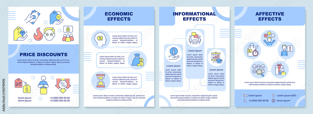 Effects of price discounts blue brochure template. Leaflet design with linear icons. Editable 4 vector layouts for presentation, annual reports. Arial-Black, Myriad Pro-Regular fonts used