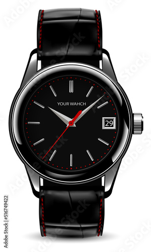 Realistic watch clock red silver black leather strap on white design classic luxury vector