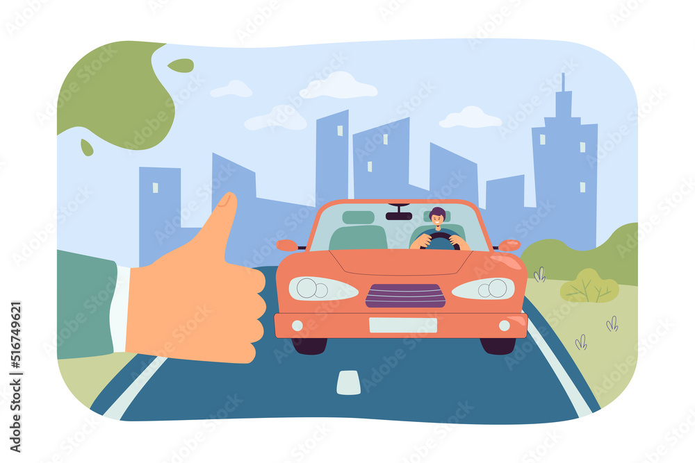 Thumbs up sign in background of road flat vector illustration. Person waiting for car and hitchhiking. Transport, tourism, trip, vehicle concept for banner, website design or landing web page Thumbs up sign in background of road flat vector illustration. Person waiting for car and hitchhiking. Transport, tourism, trip, vehicle concept for banner, website design or landing web page