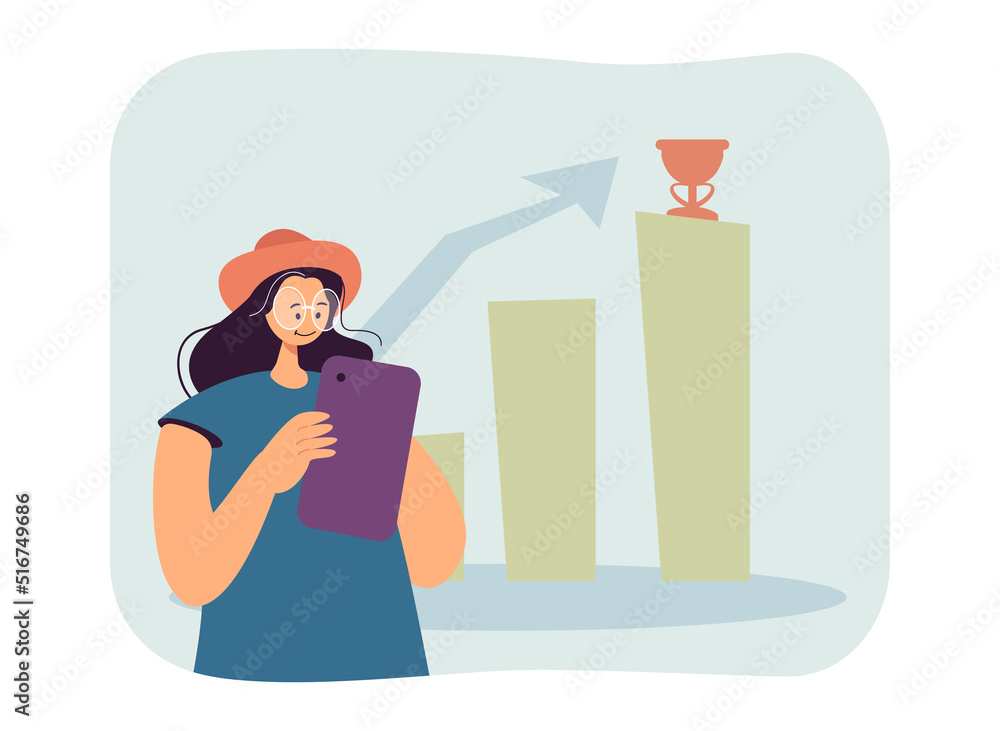Career ladder and girl with phone flat vector illustration. Girl moving toward her goal, working, analyzing statistic or studying. Achievement concept for banner, website design or landing web page