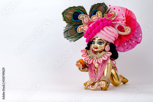 Bal Krishna Laddu Gopal Brass Statue with beautiful Pink Cloths and Jewelry Krishna Janmashtami 