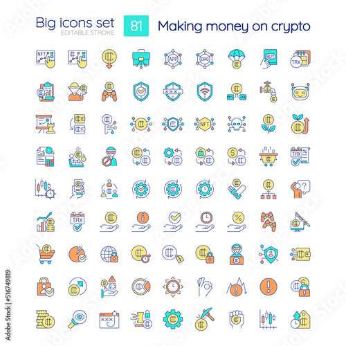 Making money on crypto RGB color icons set. Cryptocurrency stock market. Isolated vector illustrations. Simple filled line drawings collection. Editable stroke. Quicksand-Light font used