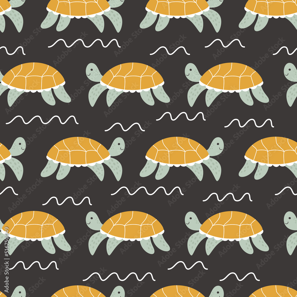 Fototapeta premium Cute turtles on a black background swim among the waves. Vector seamless pattern with childish animal illustrations