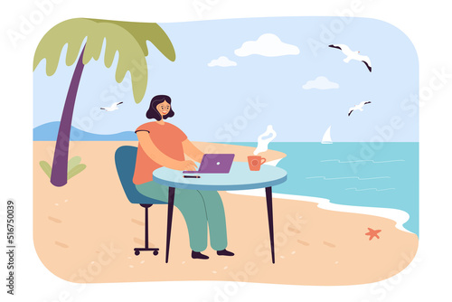 Girl working at table on beach flat vector illustration. Woman sitting, looking at laptop screen, working during summer vacation. Job, occupation concept for banner, website design or landing web page