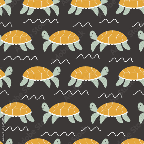 Cute turtles on a black background swim among the waves. Vector seamless pattern with childish animal illustrations