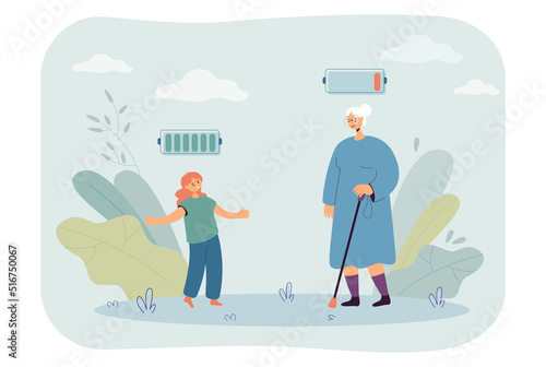Little girl and elderly woman flat vector illustration. Low battery level above old lady and full battery level above kid. Ageing concept for banner, website design or landing web page