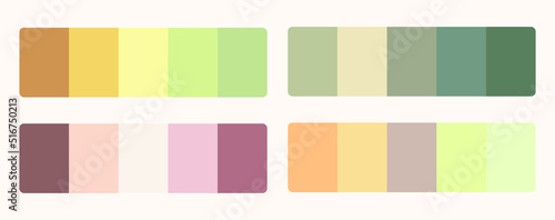 Matching color palette guide swatch catalog collection with RGB HEX color combinations. Suitable for Branding. 4 sets of teal pink green yellow mixed warm color palettes.