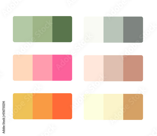 Matching color palette guide swatch catalog collection with RGB HEX color combinations. Suitable for Branding. 6 sets of yellow pink green blue mixed warm color palettes each containing 3 colors.