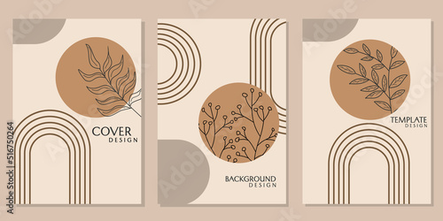 cover template, brown aesthetic style wall decoration. abstract background with hand drawn floral elements