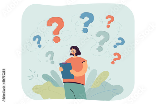 Girl with question marks above her head flat vector illustration. Woman holding clipboard, looking for answers. Problem, choice, decision concept for banner, website design or landing web page