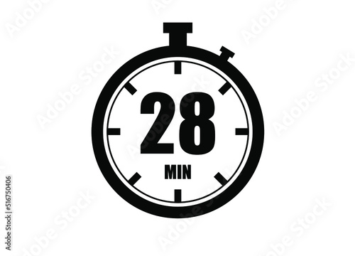 28 Minutes timers clock. Time measure. Chronometer vector icon black isolated on white background.
