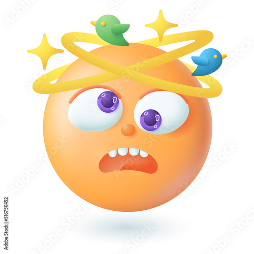 3d cartoon style emoticon seeing stars and birds above head icon. Yellow face with open mouth feeling dizzy or sick flat vector illustration. Emotion, illness concept