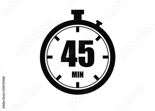 45 Minutes timers clock. Time measure. Chronometer vector icon black isolated on white background.