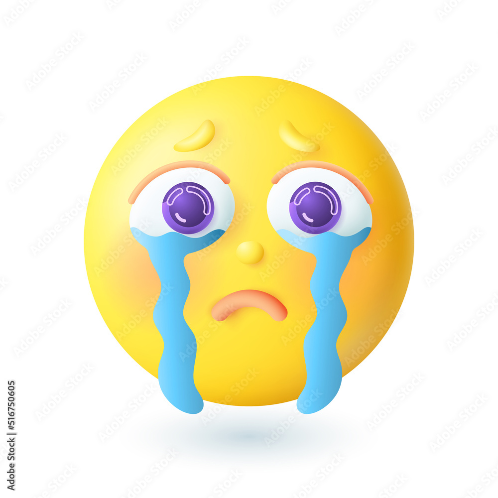 3d cartoon sad crying emoticon style icon. Upset yellow face expressing negative emotions flat vector illustration. Depression, feeling, sorrow, communication concept