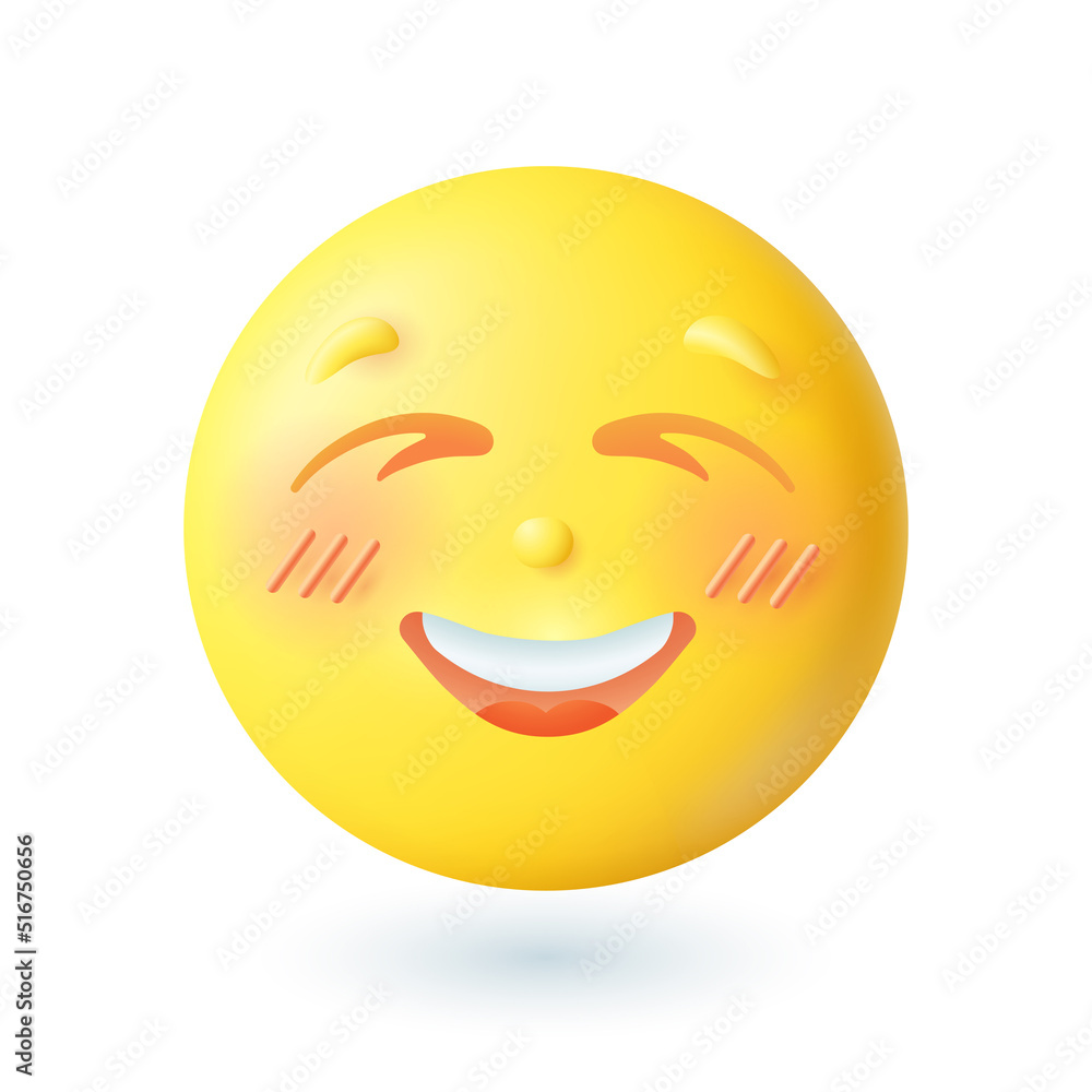 3d cartoon style emoticon smiling with closed eyes icon. Cute happy yellow face with blush flat vector illustration. Emotion, expression, social media, happiness concept 3d cartoon style emoticon smiling with closed eyes icon. Cute happy yellow face with blush flat vector illustration. Emotion, expression, social media, happiness concept