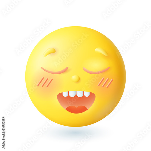 3d cartoon style happy emoticon with closed eyes icon. Yellow face with blush and open mouth feeling good flat vector illustration. Emotion, expression, joy, happiness concept