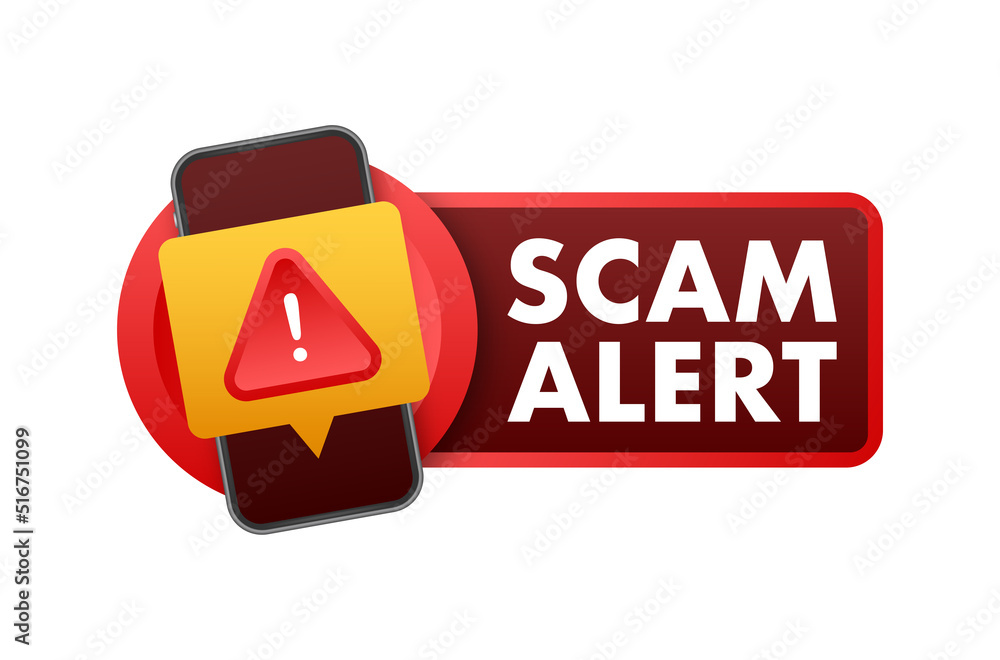 Banner with red scam alert. Attention sign. Cyber security icon. Caution warning sign sticker. Flat warning symbol. Vector stock illustration. - obrazy, fototapety, plakaty 
