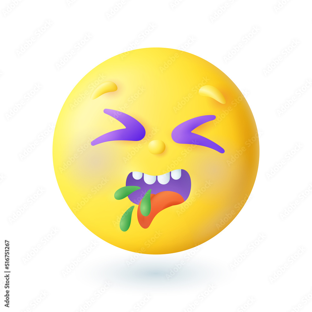 Fototapeta premium 3d cartoon style sick vomiting emoticon icon. Exhausted yellow face showing disgust or illness flat vector illustration. Emotion, expression, fever, nausea concept